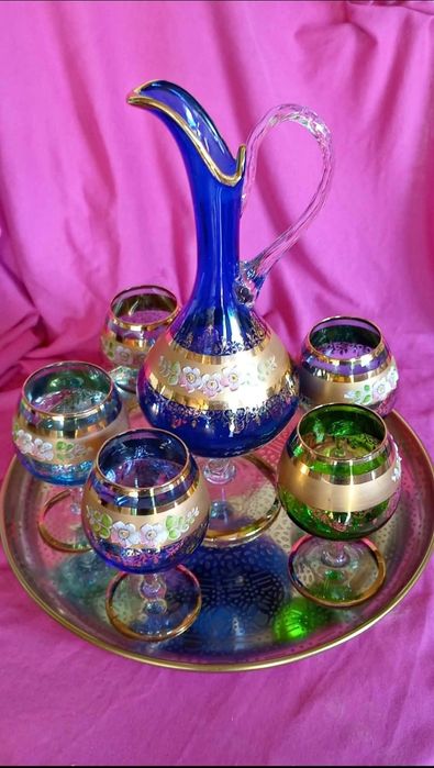 Conjunto de Jarro e 5 copos CRISTAL DE MURANO pintura a ouro 24k