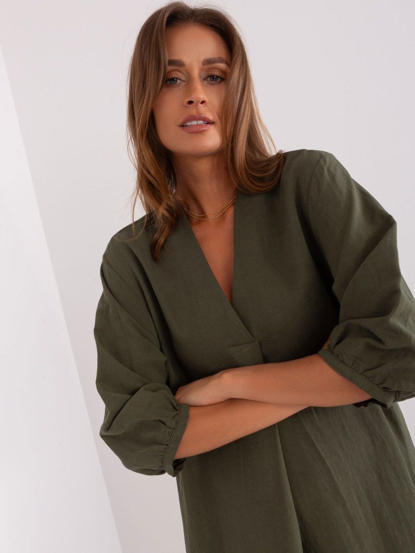 Sukienka lniana khaki oversize z falbaną S/M