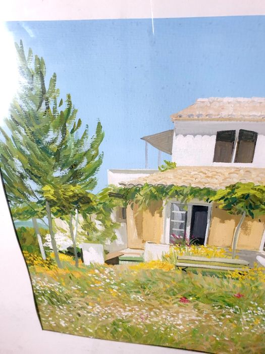 Pintura paisagística "cssa de campo" em guache assinada