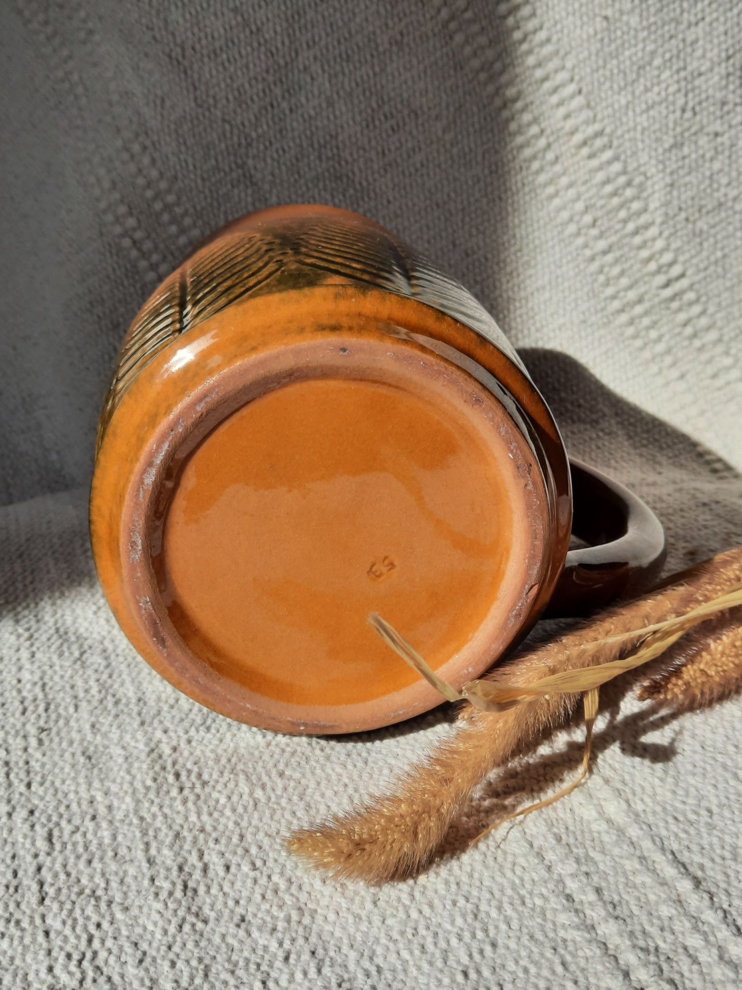 Kufel kubek kamionkowy paproć pomarańczowy vintage retro