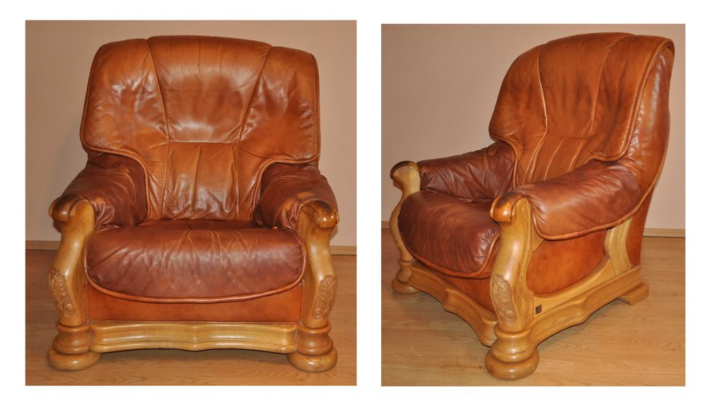 KOMPLET KLER (3+2+1) skóra nat. rzeźbiony dąb!