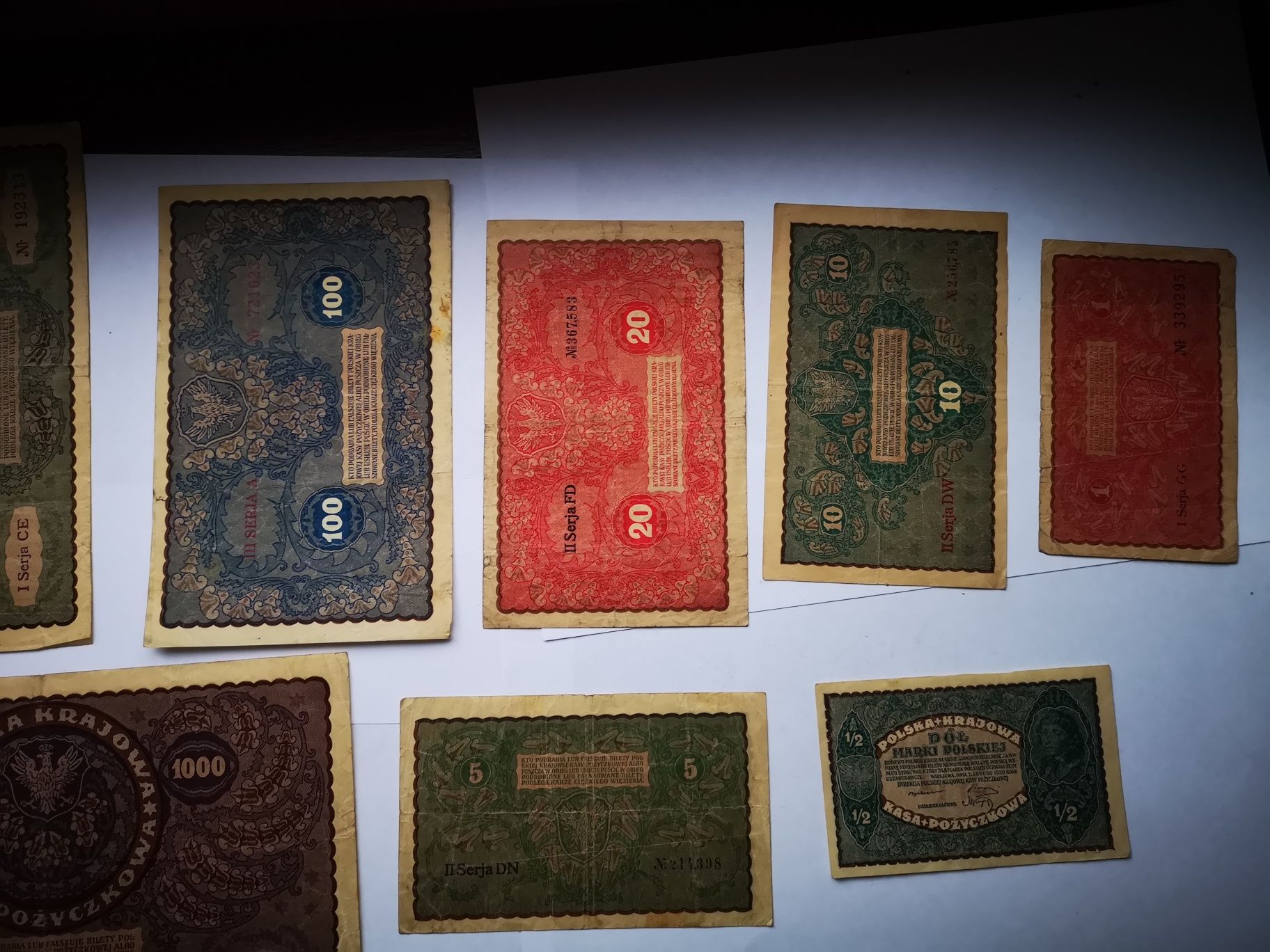 Kolekcja 1919 banknoty 1000 marek 100 marek 1/2 marki 10 marek 5000