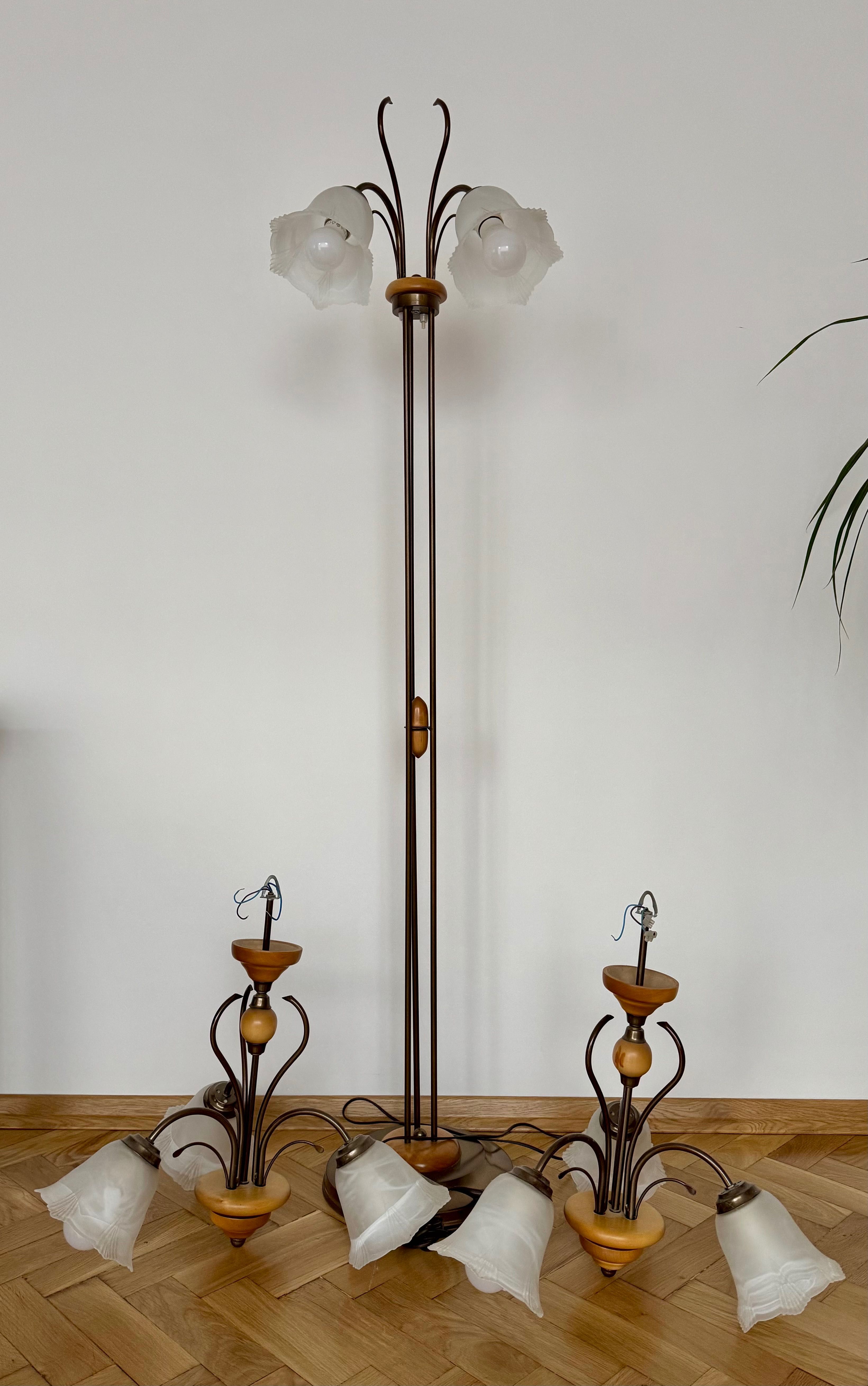 Ozdobne lampy sufitowe + lampa podłogowa drewno i szkło
