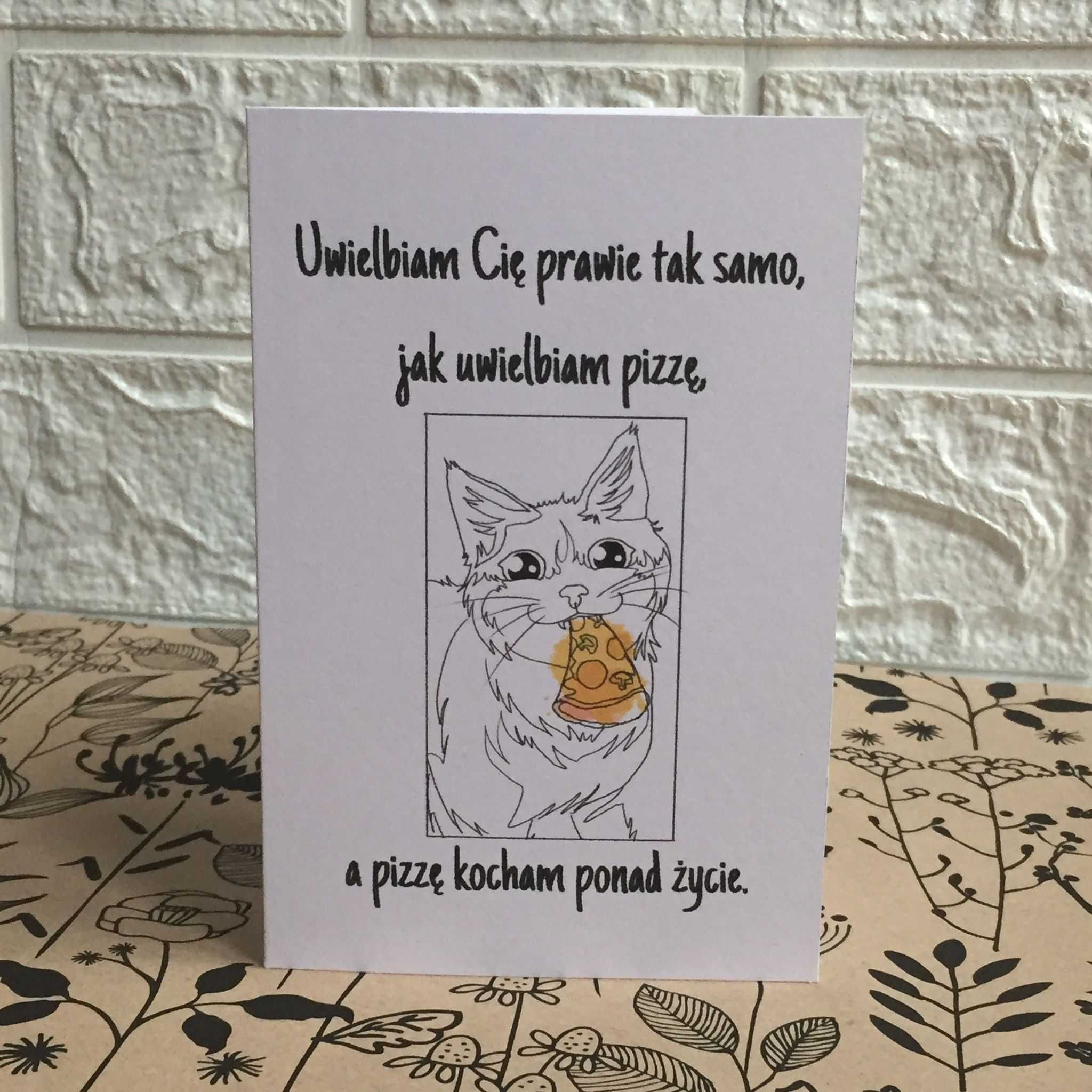 Kartka okolicznościowa urodzinowa na prezent kot i pizza