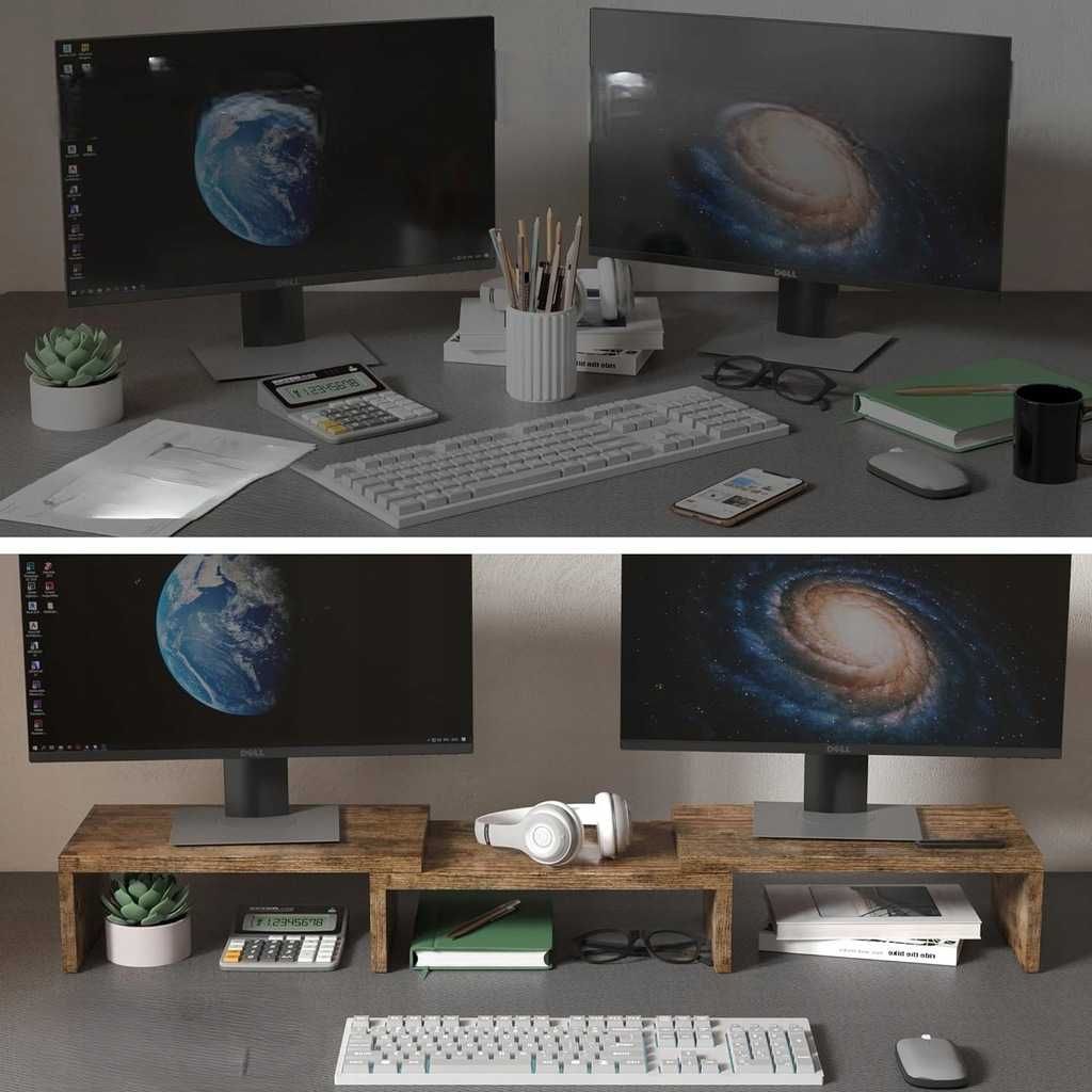BONTEC Podwójny Stojak na Monitor z Organizerem, Brązowy
