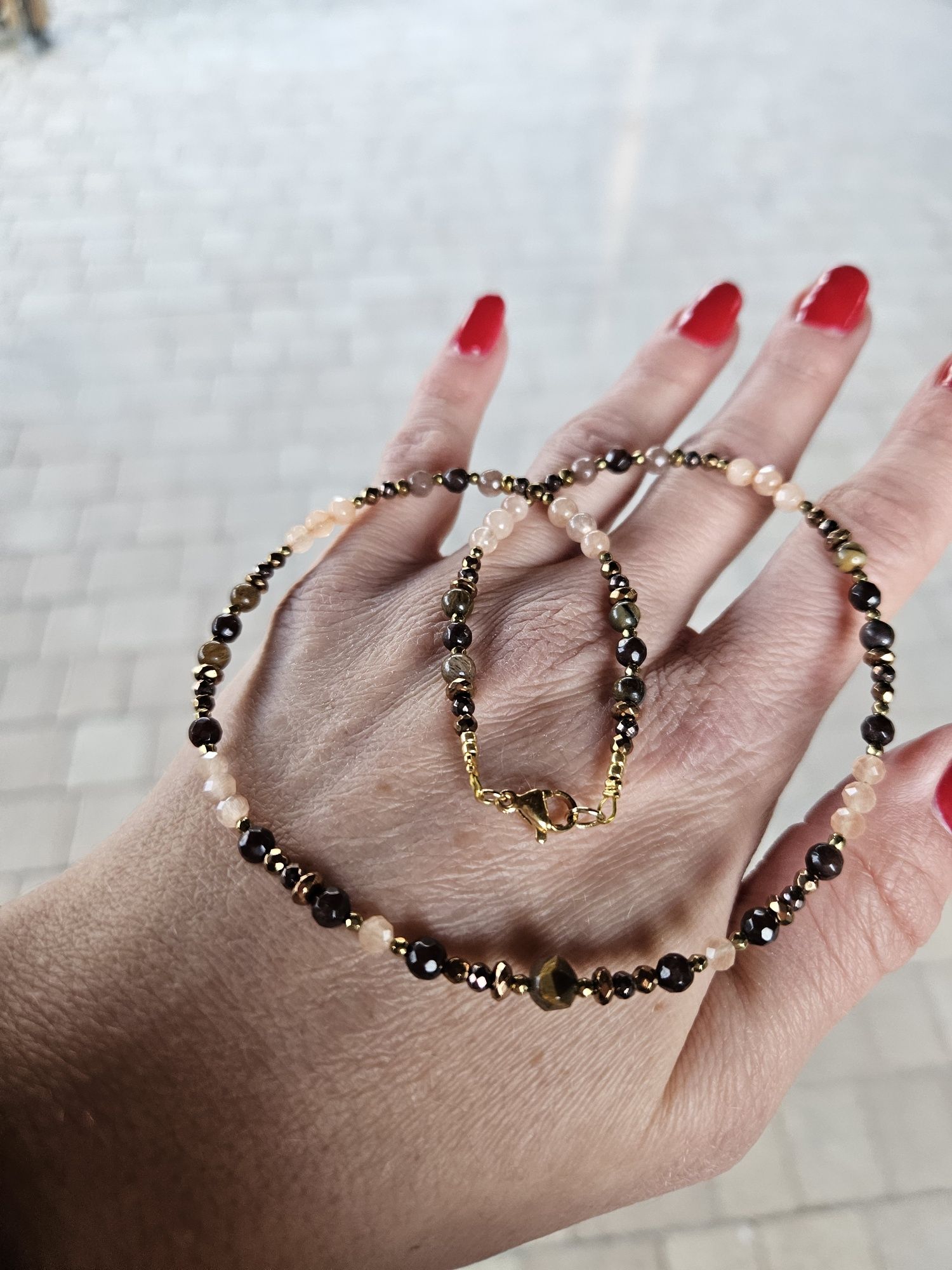 Naszyjnik Choker kamienie naturalne Tygrysie oko Jadeit Agat Hematyt