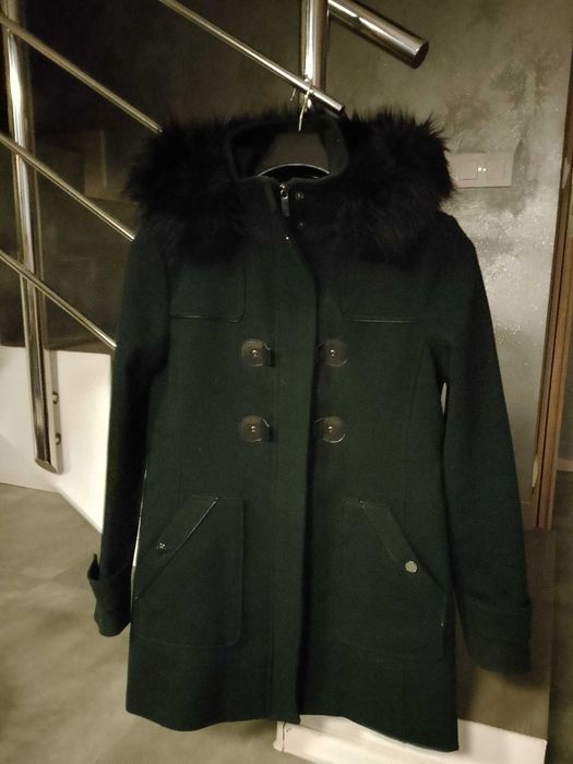 Płaszcz wełniany zimowy rossodisiera 38 m zielony  kaptur futerko