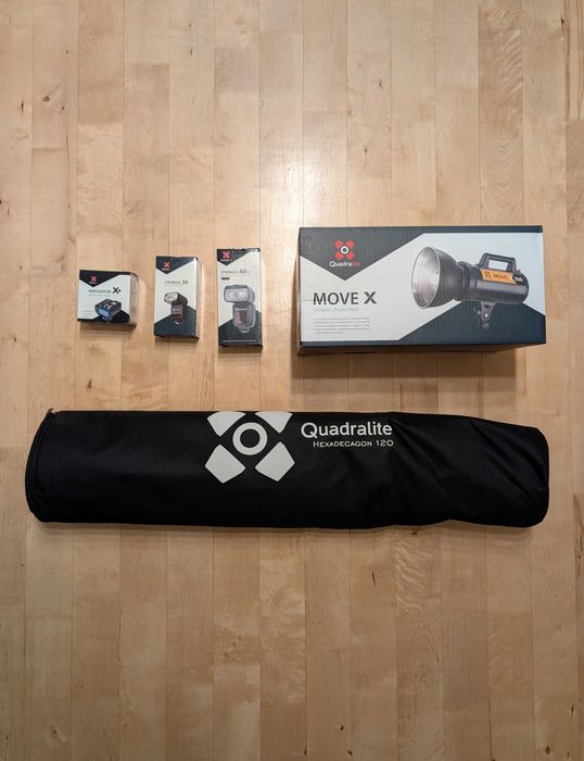Quadralite MoveX 400, Stroboss 36, Stroboss 60, NavigatorX+, softboks