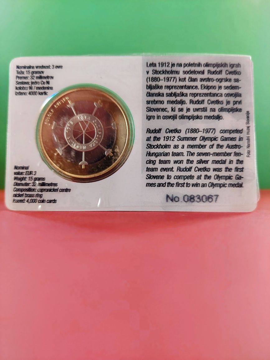 Moeda 3€ Eslovénia 100 da primeira medalha olímpica