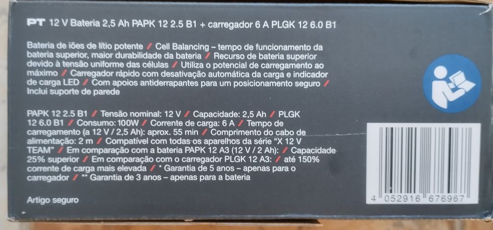 Carregador 6A e bateria 2,5 Ah Parkside Performance 12V