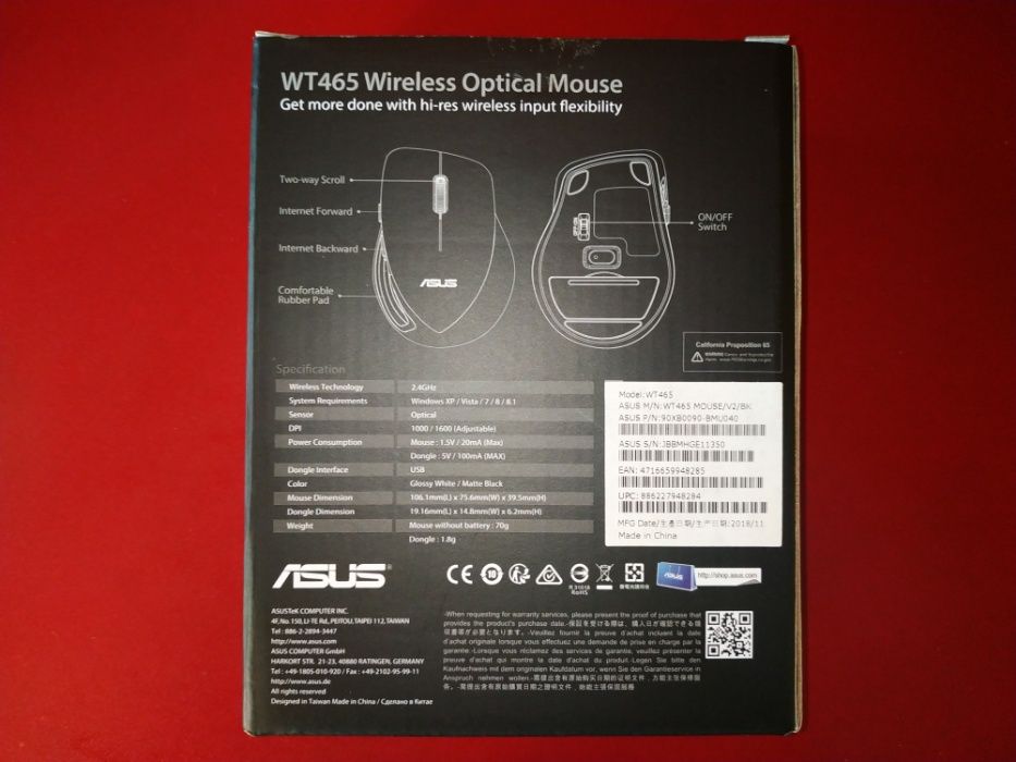 Bezprzewodowa mysz z mikroodbiornikiem ASUS WT465 Nowa