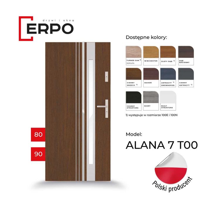 Drzwi zewnętrzne 80 i 890 lewe lub prawe 72mm ciepłe turner oak