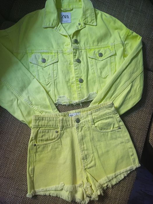 Komplet jeansowy dżinsowy Zara dekatyzowany seledynowy XXS, XS