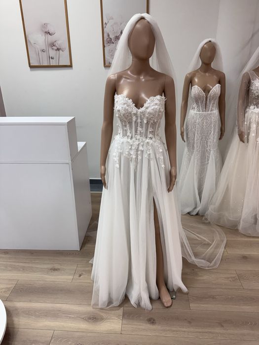 Nowa gorsetowa suknia ślubna z koronką brokatowy tiul  różne 34 36 38