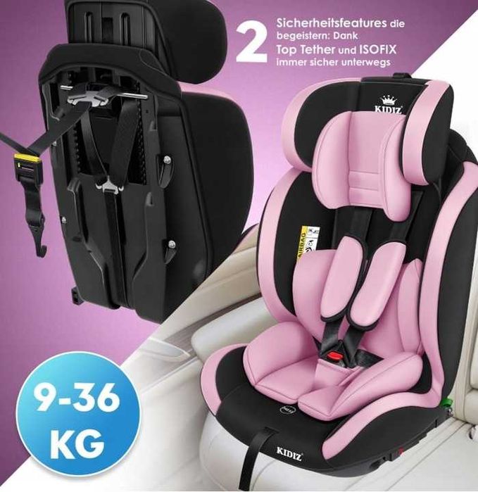 Fotelik samochodowy dla dzieci z ISOFIX 9-36kg KIDIZ RÓŻOWY