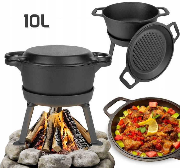 Kociołek Myśliwski Żeliwny 3w1 Garnek Patelnia Stojak 8l 10l 15l Grill