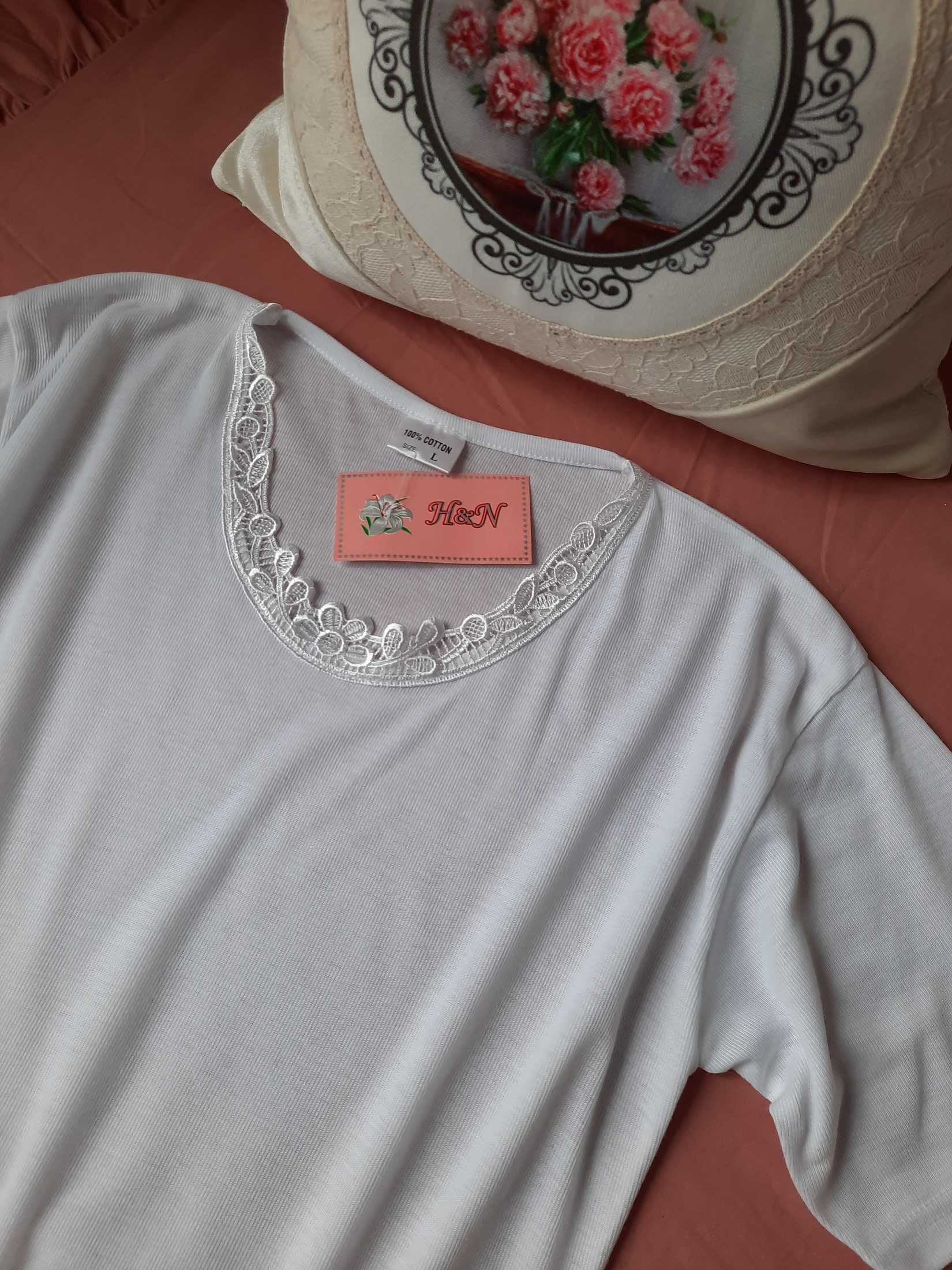 Biała z koronką Bawełna koszulka bluzka t-shirt bielizna L M/L