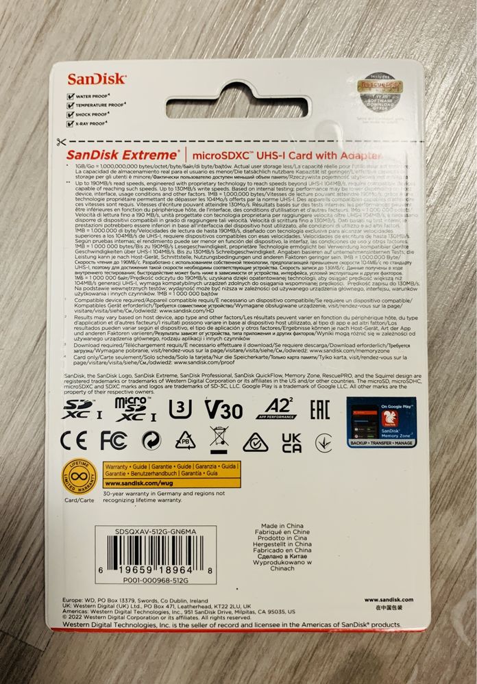 Карта SanDisk 512GB Extreme (4K, 5K) MicroSDXC SDSQXAV-512G-GN6MA