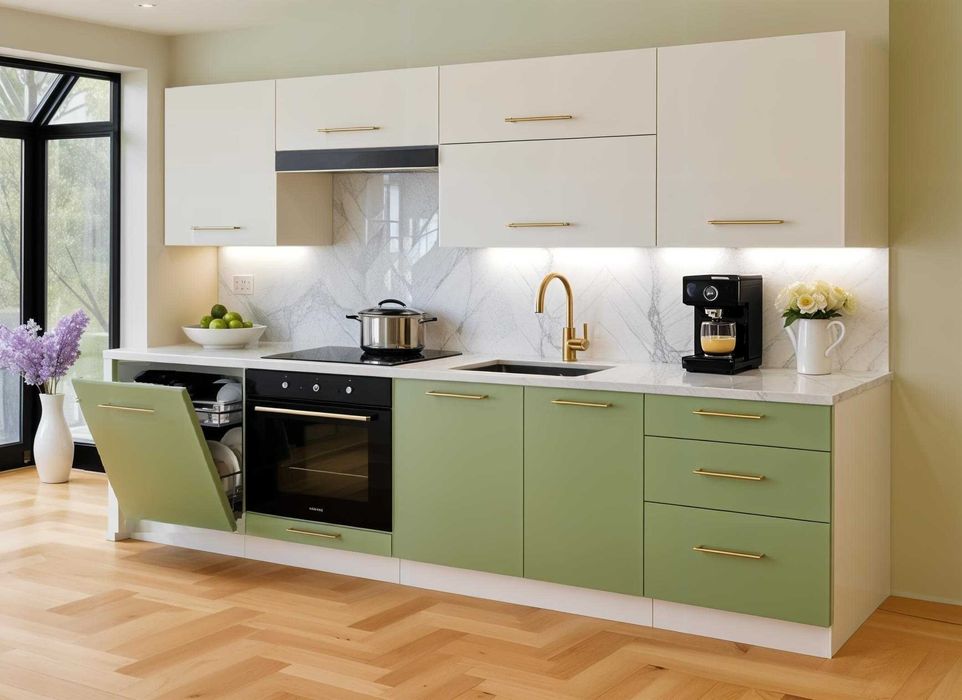 meble kuchenne 260 kuchnia kaszmir 2,6m biały szary połysk szałwia