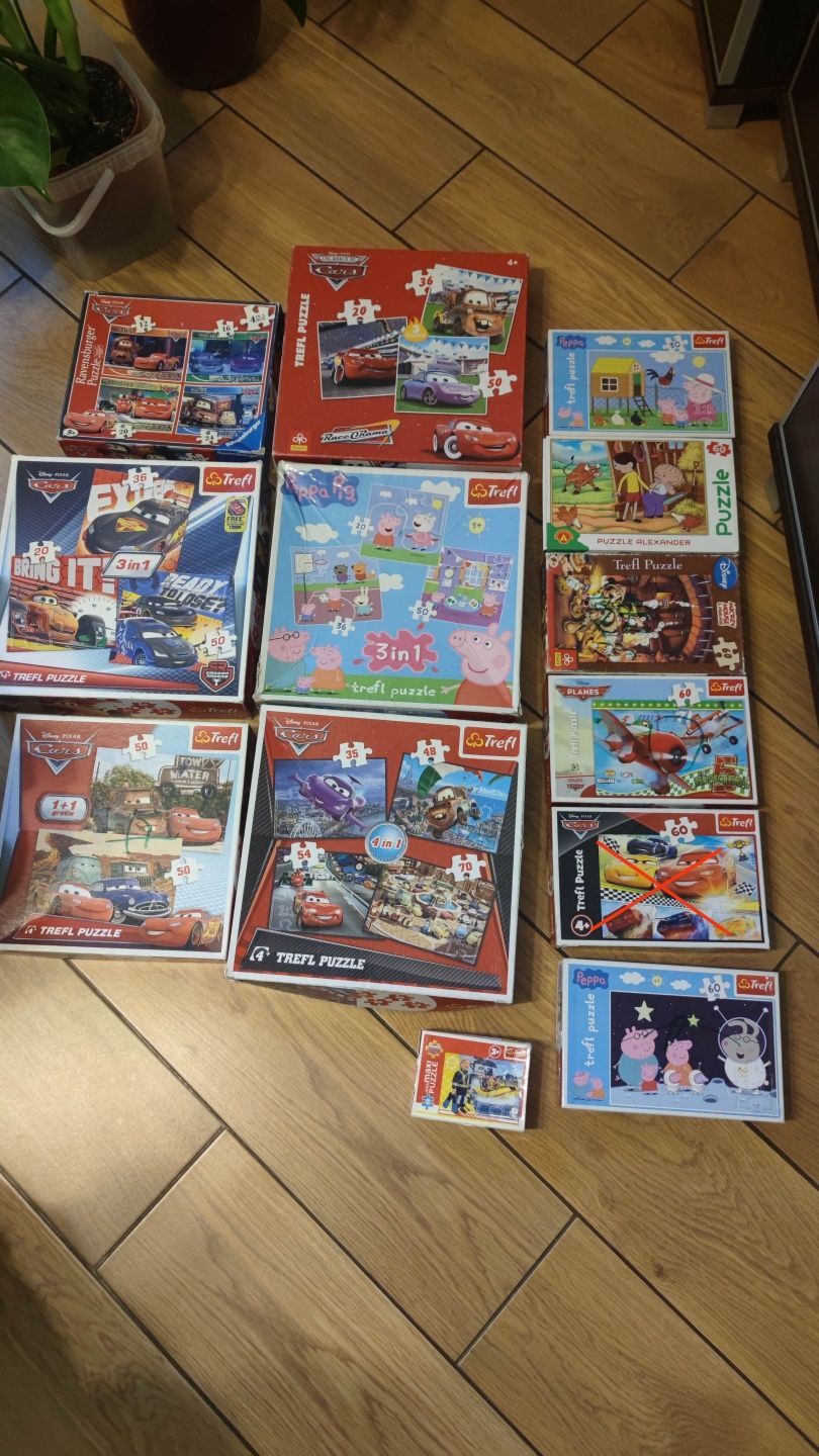 25 zestawów! puzzle auta zygzak Peppa strażak sam