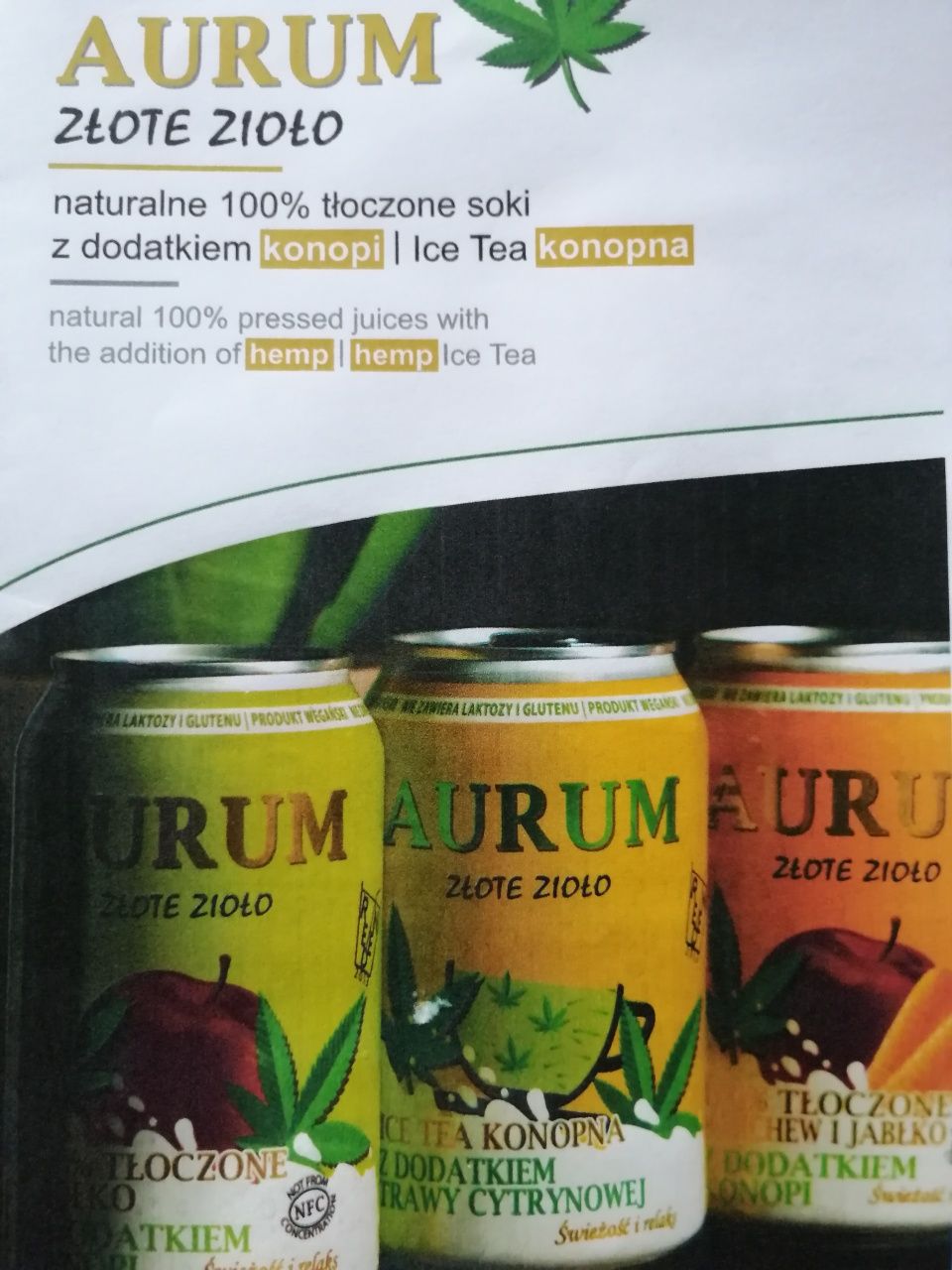 AURUM 100% tłoczone soki z konopią i Ice Tea konopna. 330mlx19szt.