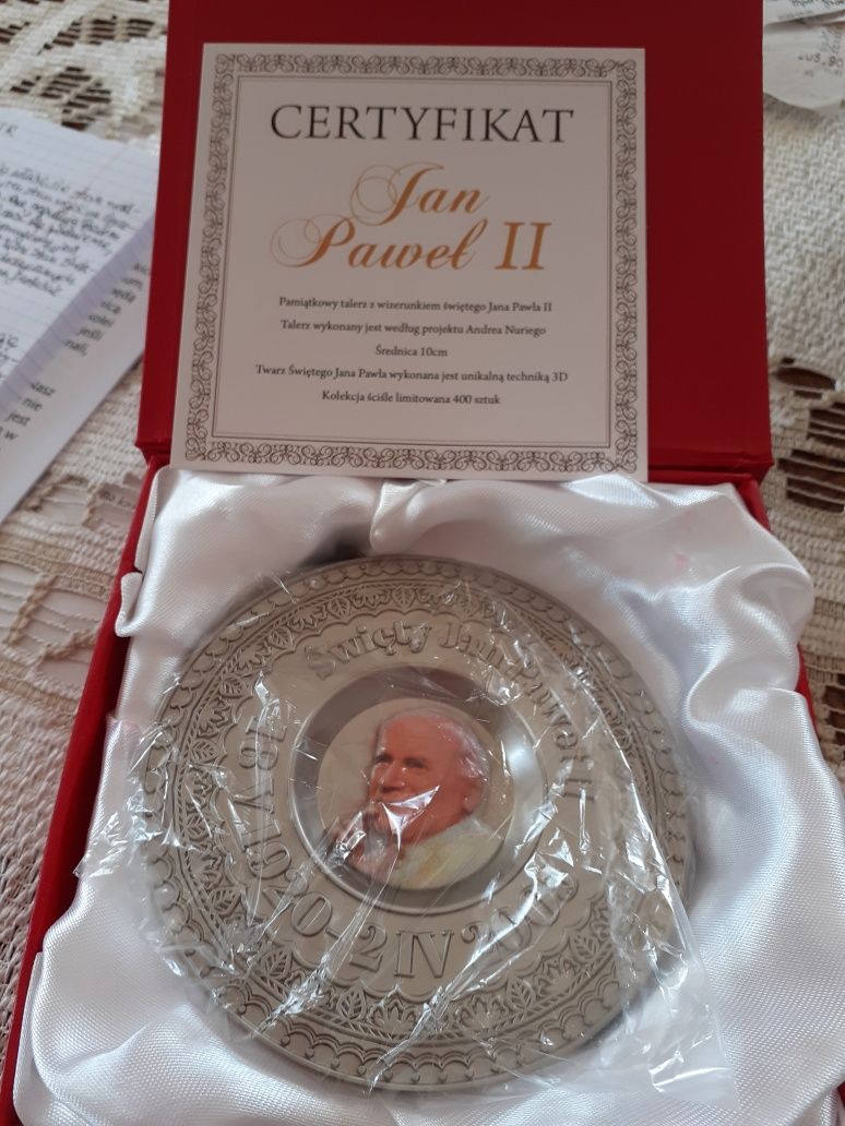Jan Paweł II Pamiątkowy talerzz z certyfikatem