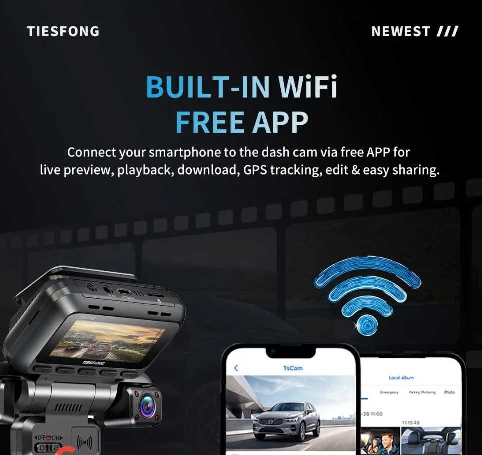 Автомобильный видеорегистратор TiESFONG 4CH, GPS, 4К, 360 DVR, Wi-Fi
