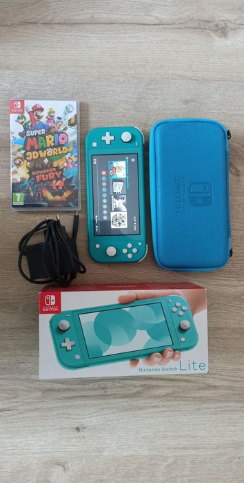 nintendo switch lite turkusowy 32gb + case + pudełko + ładowarka + gry
