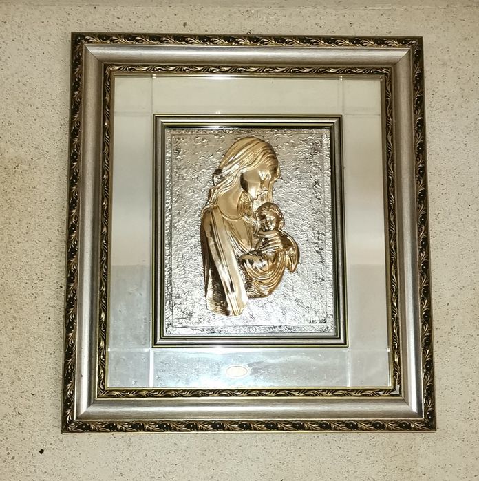 Belíssimo Quadro em  prata 925 espelhado com relevo, moldura em madeir