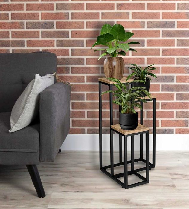 NOWY Kwietnik Metalowy Loft Stojak Na Kwiaty Czarny Drewniany OKAZJA