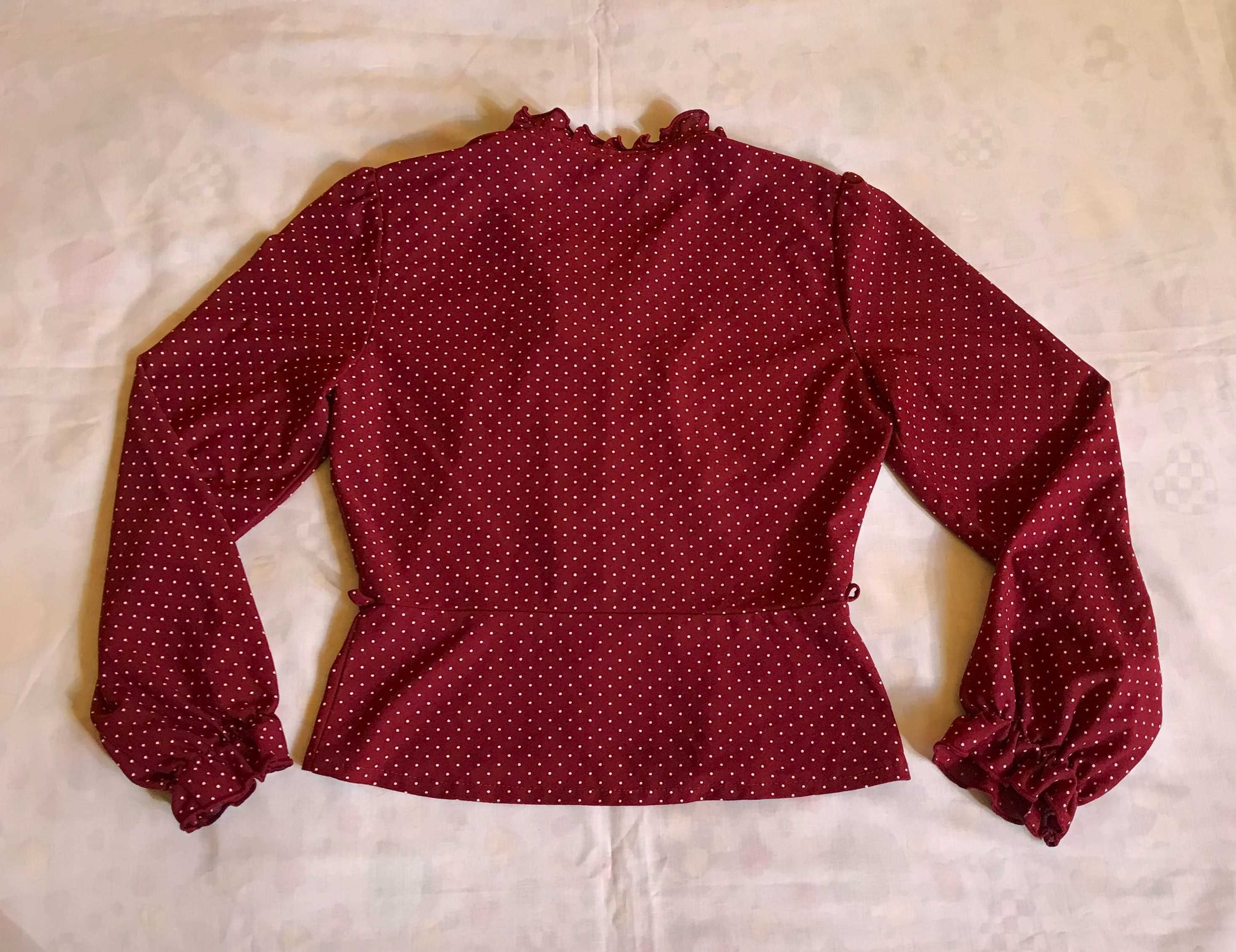 bluzka vintage długi rękaw baskinka dekolt falbanki bordo kropki 34