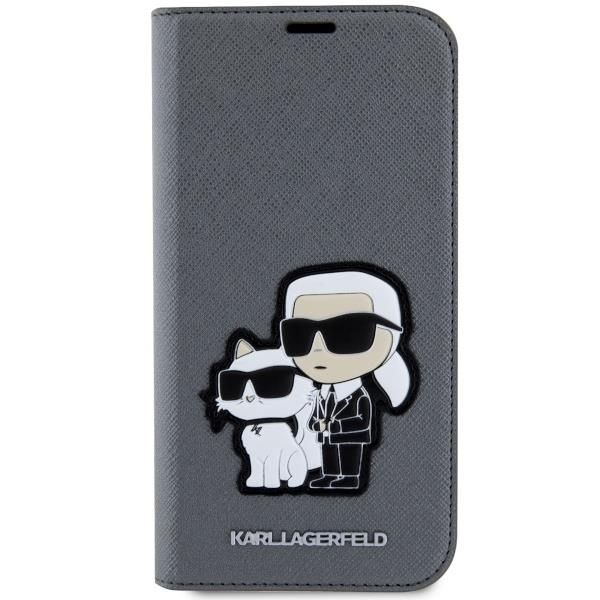 Etui Karl Lagerfeld na iPhone 14 - Srebrne Saffiano z Klapką