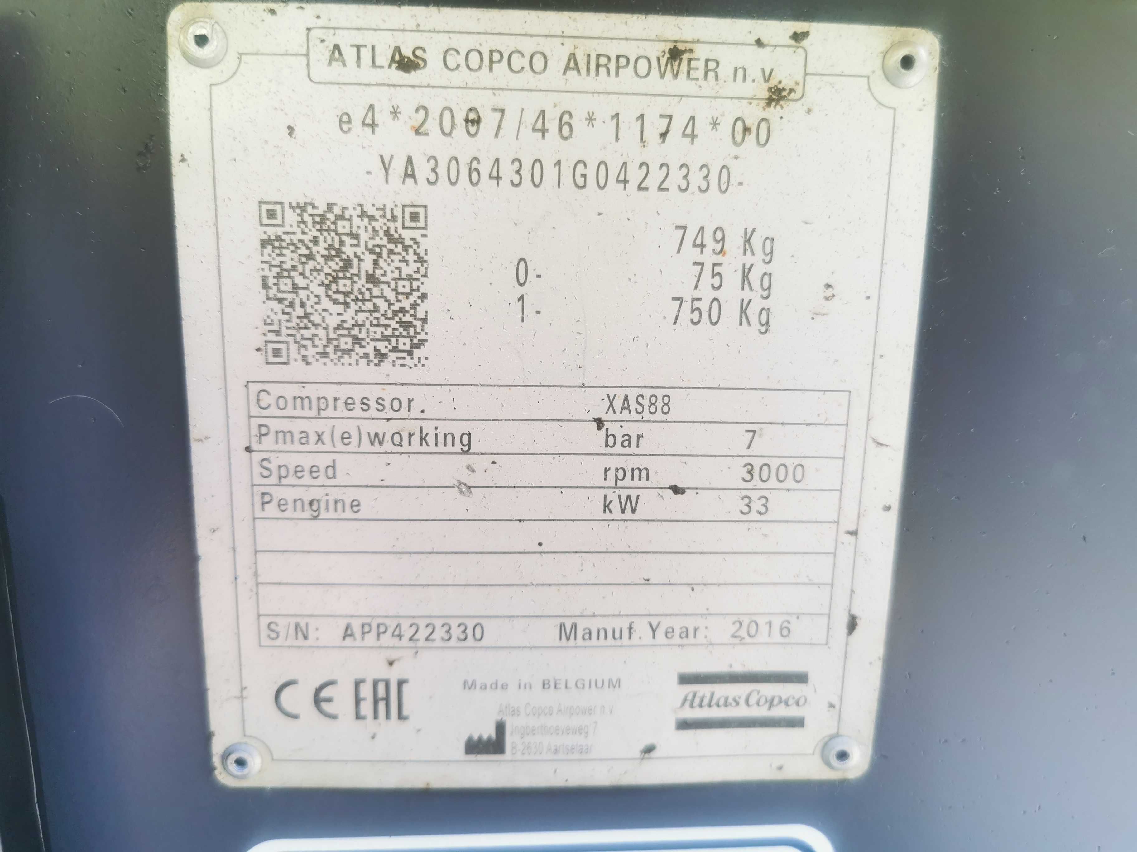 2016r 987h Sprężarka śrubowa ATLAS COPCO XAS88 kompresor 5m3 CHŁODNICA