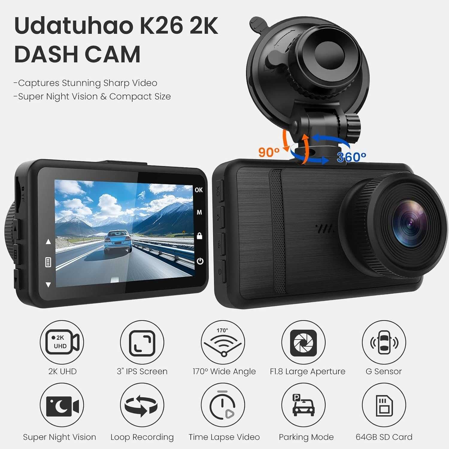 Kamera samochodowa 2K, 3" LCD z kartą 64 GB Udatuhao