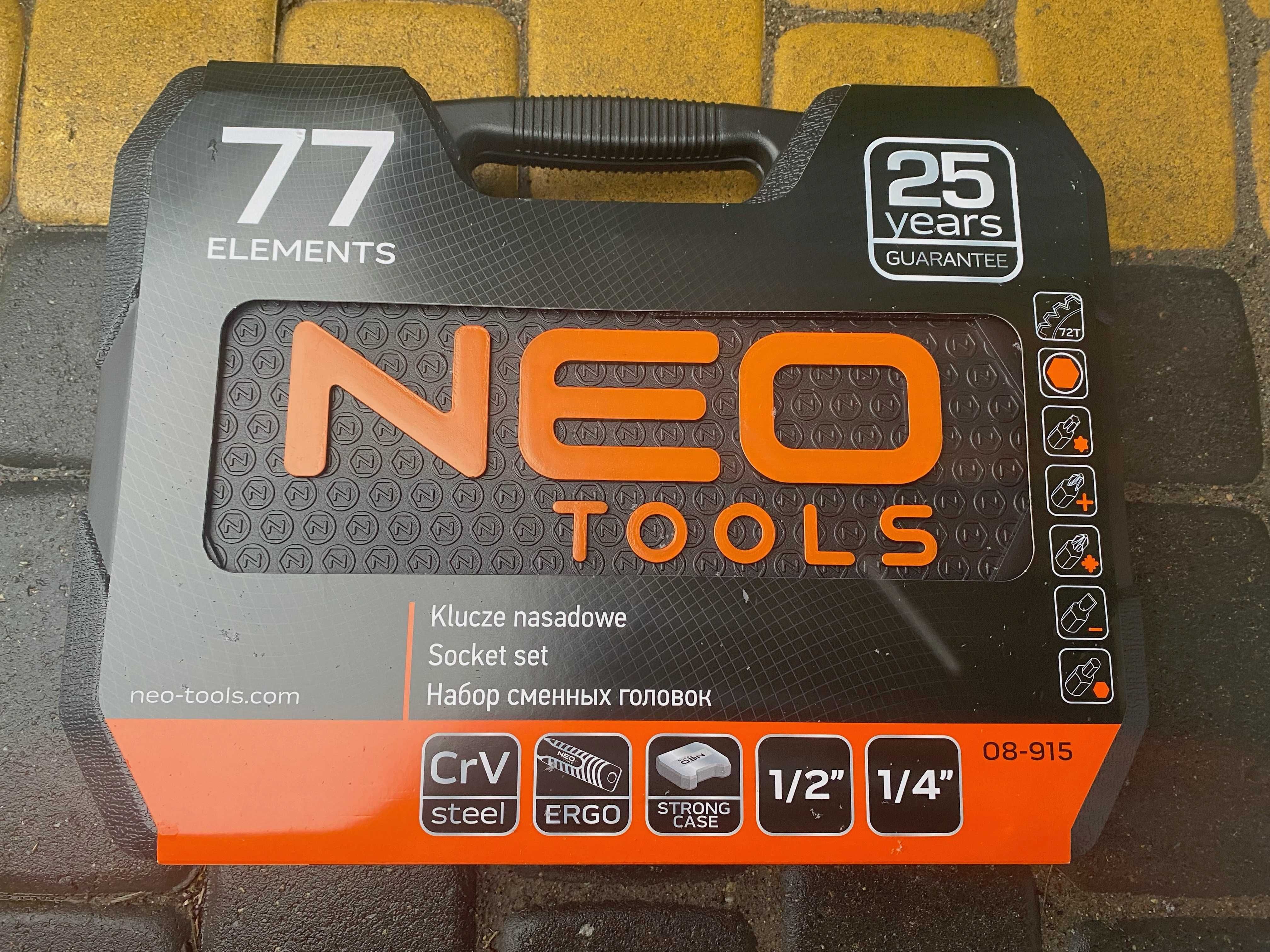 Nowy Zestaw narzędzi Neo Tools 77 el walizka Komplet kluczy nasadowych