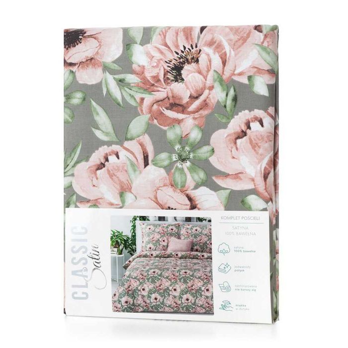 Pościel komplet pościeli 160x200cm bawełna stalowy różowy kwiaty