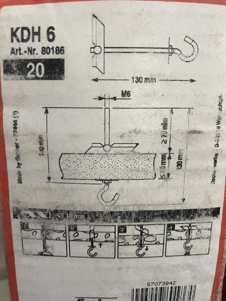 Fischer Самоустанавливающийся дюбель KDH 6 с крючком 130mm 20шт