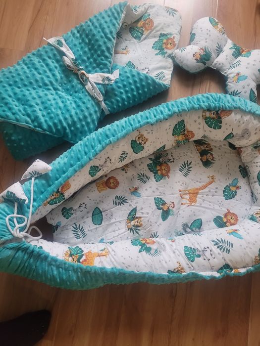 Komplet noworodkowy! Kokon, otulacz-rożek, ochraniacze-poduszki, kocyk