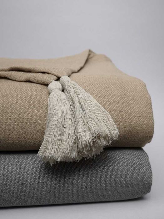 Pled koc narzuta Zoja 160x200 beż minimalistyczna boho bawełna chwosty