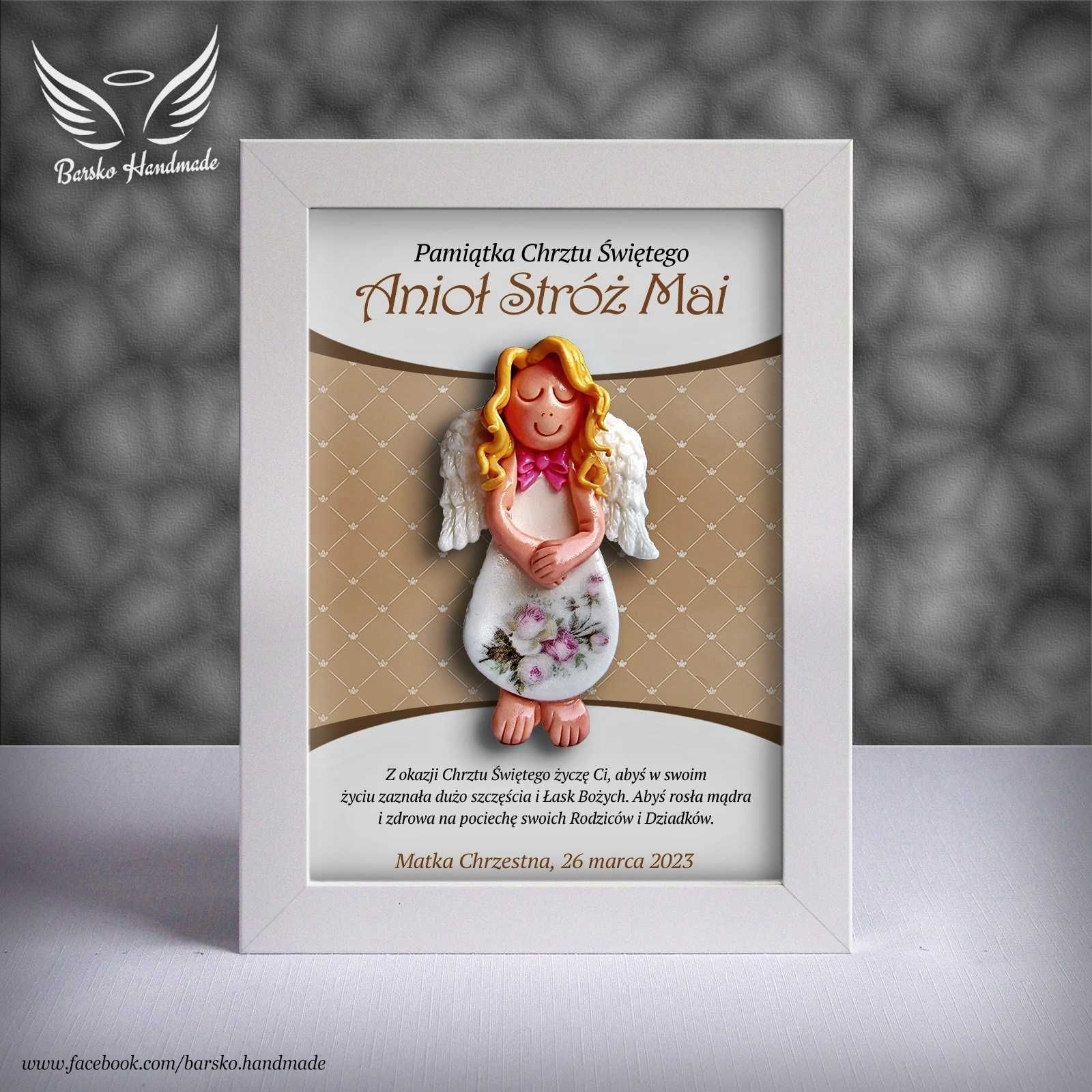 Anioł Stróż z porcelany w ramce 15x21 jako Pamiątka Chrztu Świętego