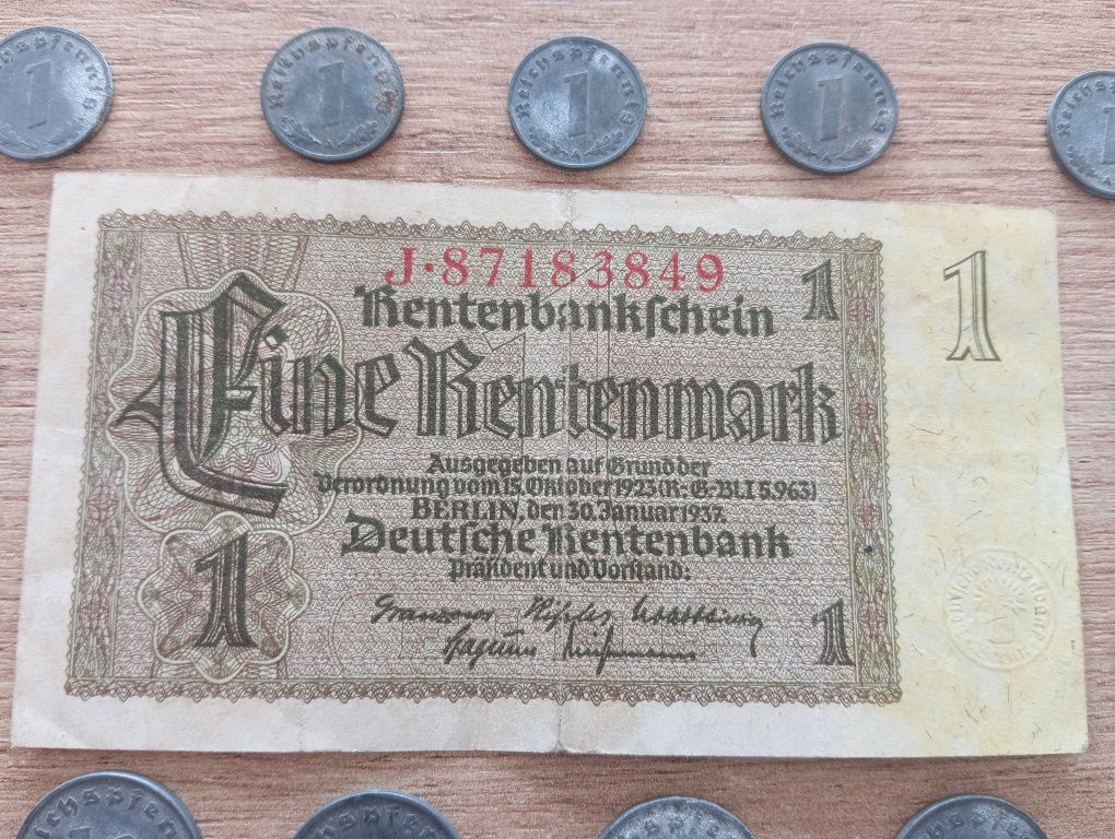 Banknot 1 Rentmark 1937 + Monety III Rzesza 1, 5, 10 Reichspfenning