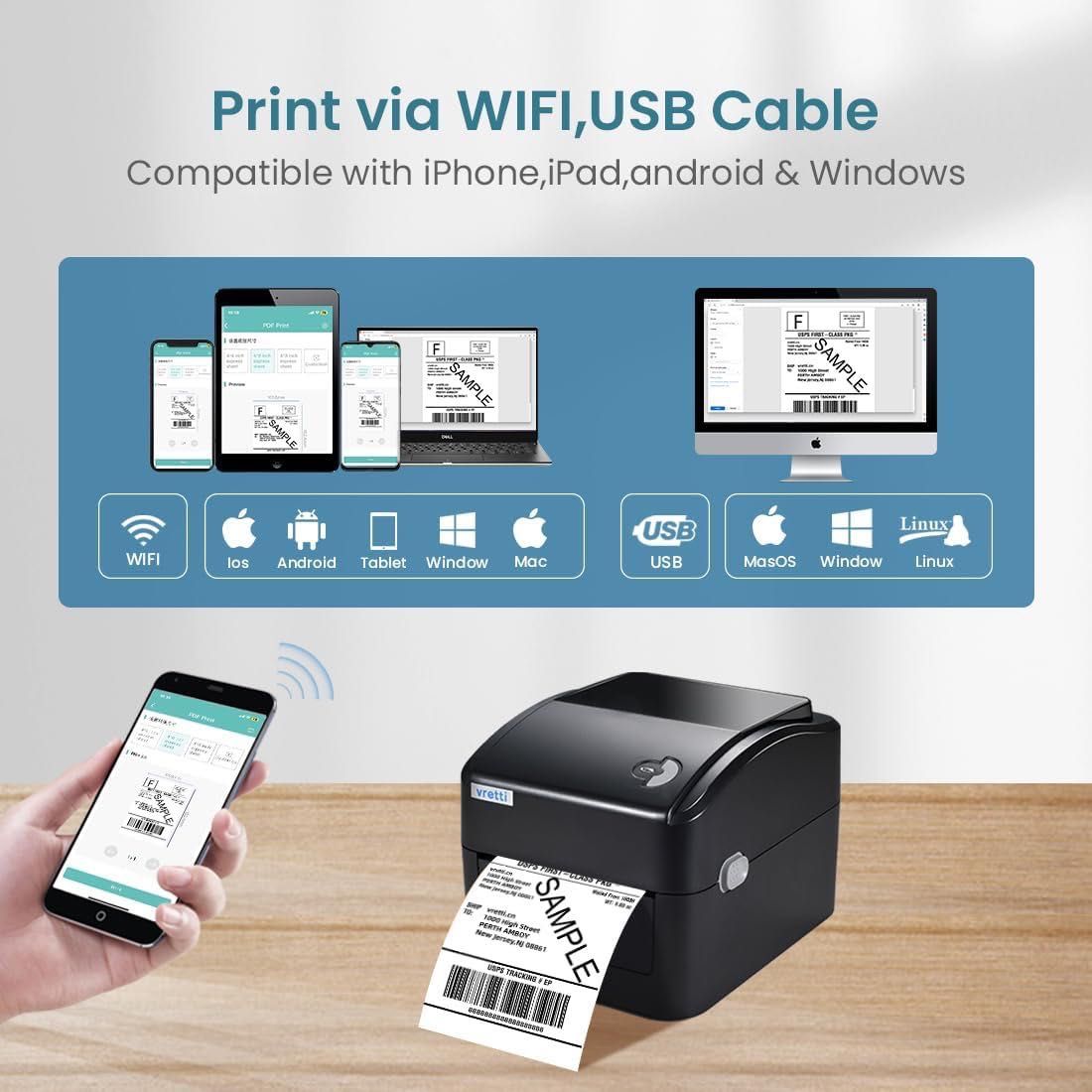 Drukarka termiczna etykiet DHL, UPS, DPD itd USB+WiFi 72/min, nowa FV