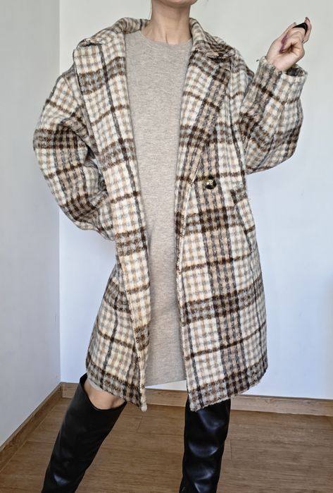 Płaszcz italy wełniany wełna oversize krata jesienny zimowy ciepły