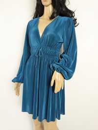 Turkusowa ciemno niebieska sukienka prążkowana długi  rękaw Zara S 36
