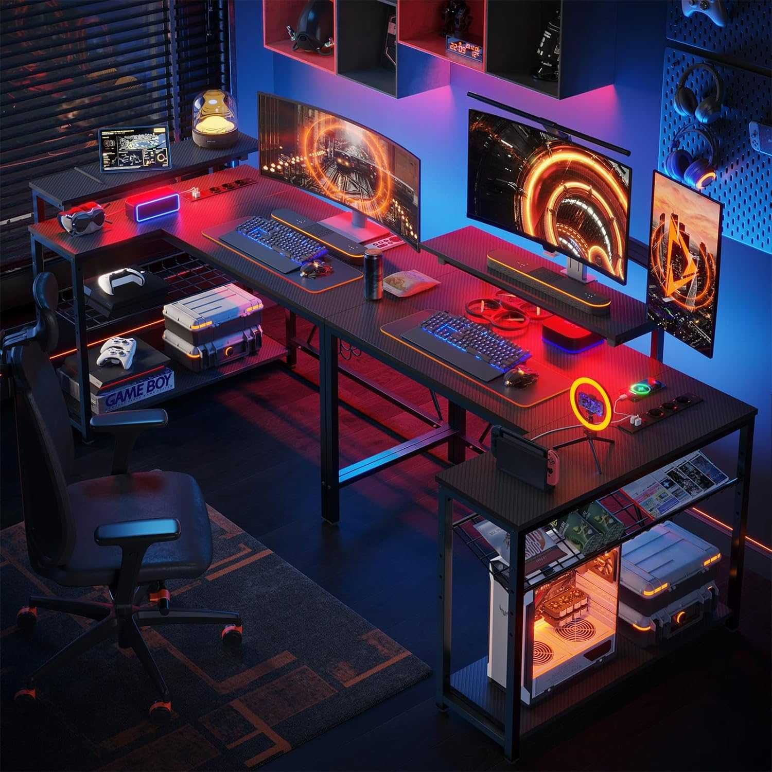 Mesa de gaming secretária preto fibra carbono   3 tamanhos/LED/tomadas