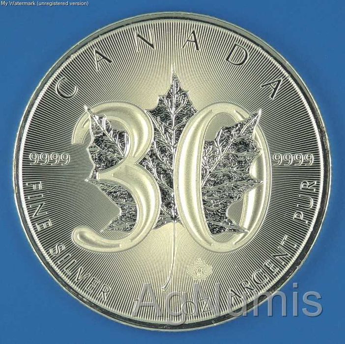 Moeda de 1 Onça de Prata Pura 9999 - Maple Leaf 2018 30anos, Dolar CAN