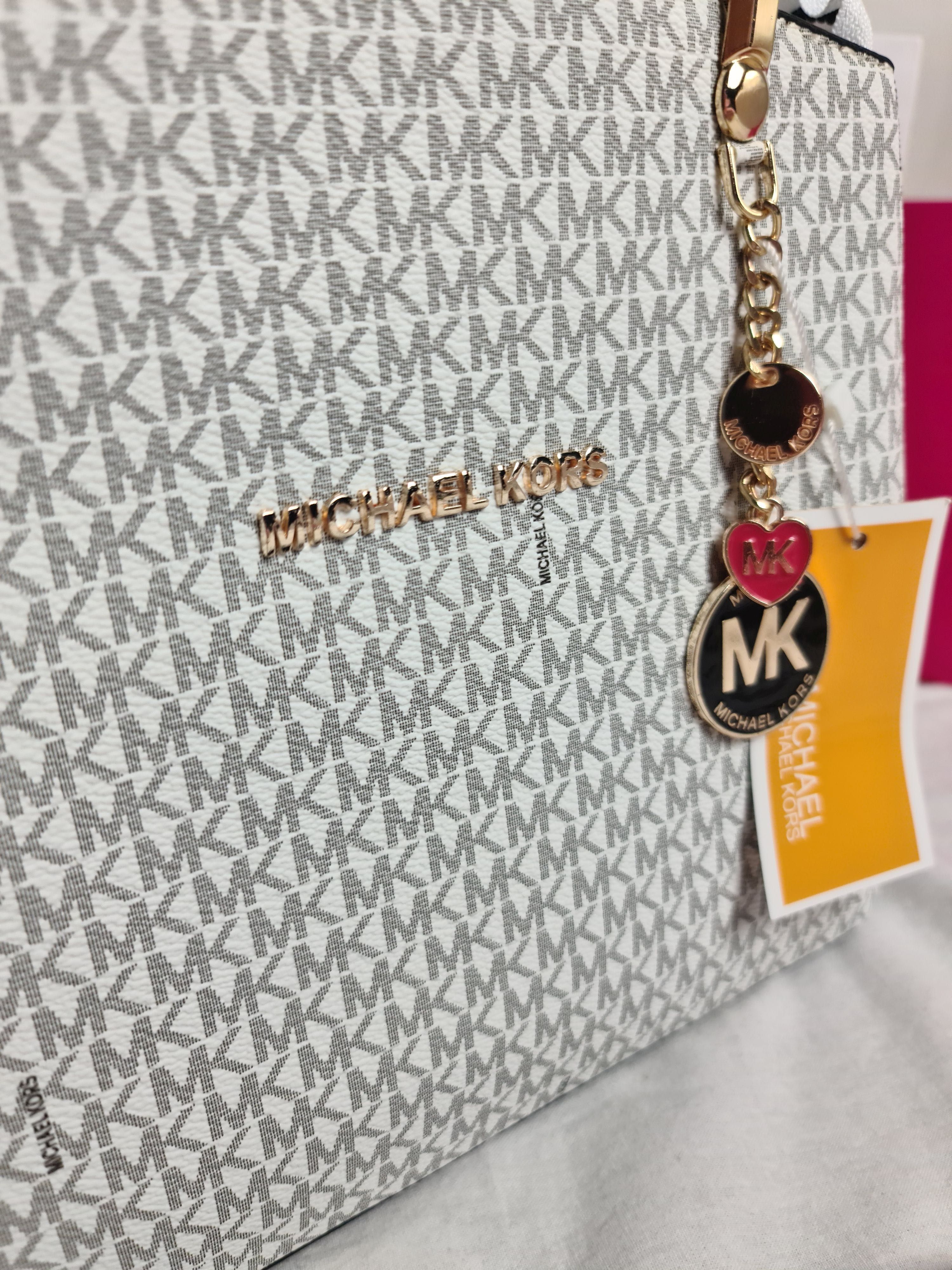 Torba dlugie raczki damska Michael Kors monogram MK biala serduszko