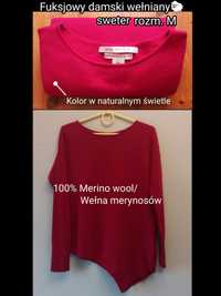Fuksjowy damski sweter 100%  wełna Merino rozmiar M
