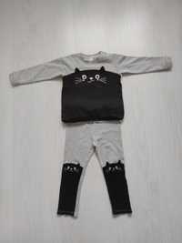 H&M szary czarny dres z kotem 98 104 legginsy bluza z kotem