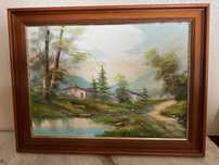 Antiga pintura a óleo de paisagem campestre